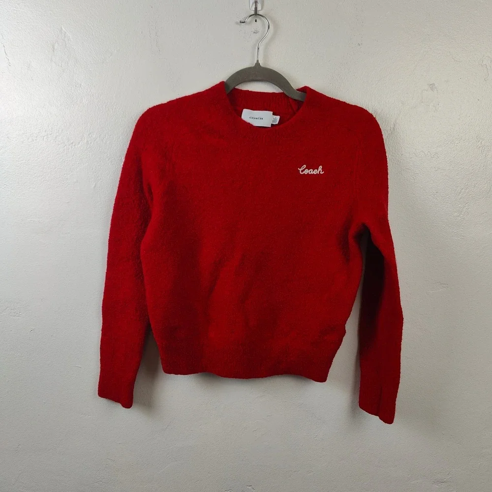Coach Womens Sweater Small Red Crew Neck Wool Blend Embroidered Logo Preppy